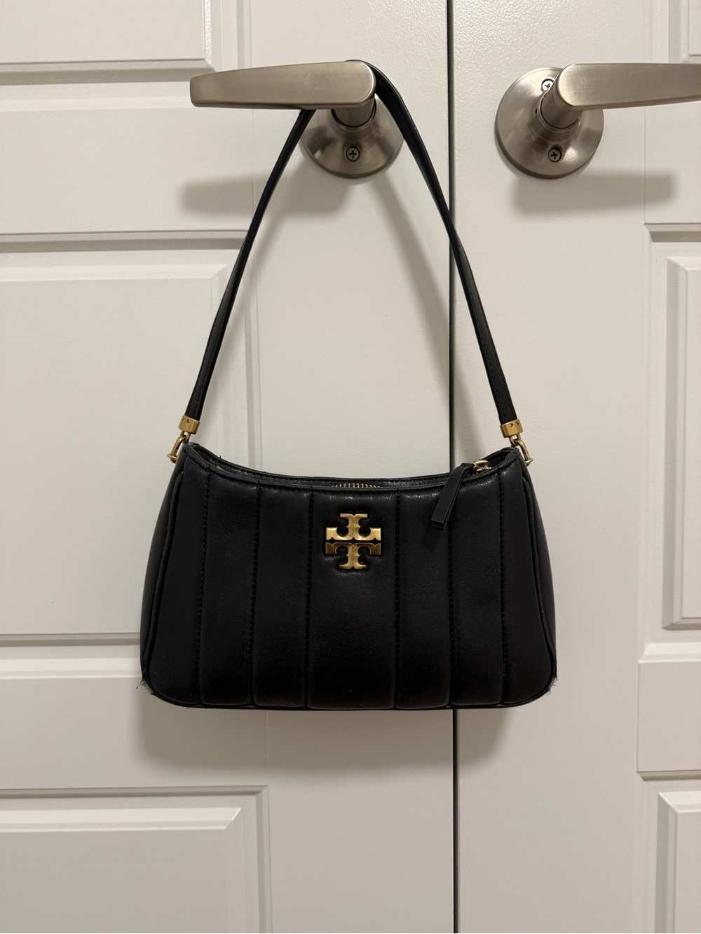 Tory Burch Black Quilted Logo Shoulder Bag with Gold Hardware